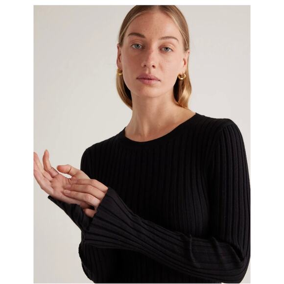 Quince Wm's Cotton Cashmere Ribbed Long Sleeve Crew Midi Dress Sz L Black #119 - Picture 5 of 5